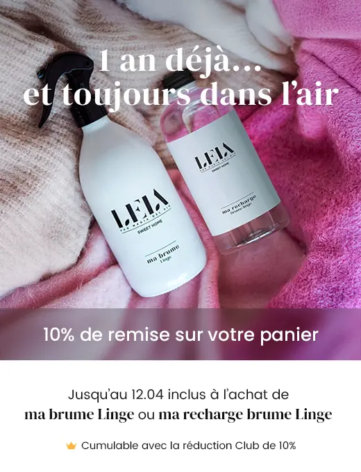 10% de remise à l'achat de ma brume Linge ou ma recharge brume Linge. Cumulable avec la réduction Club de 10%.