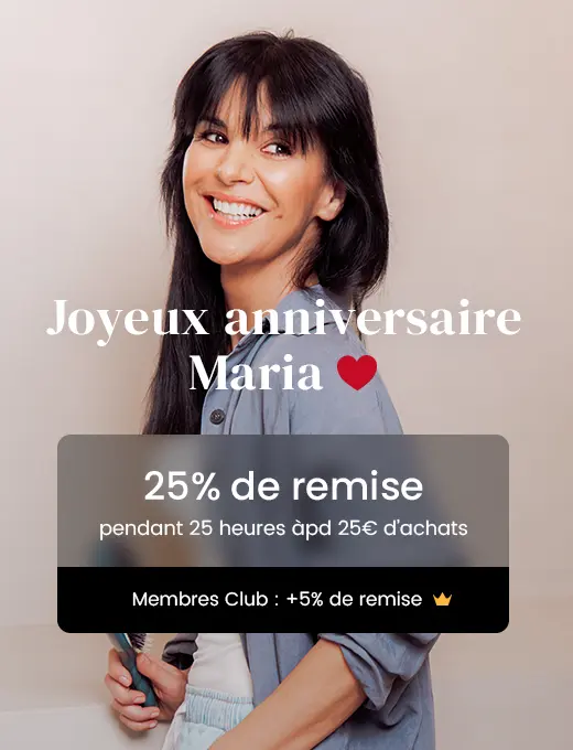 Joyeux anniversaire Maria. 25% de remise pendant 25 heures àpd 25€ d'achats. Membres Club : +5% de remise